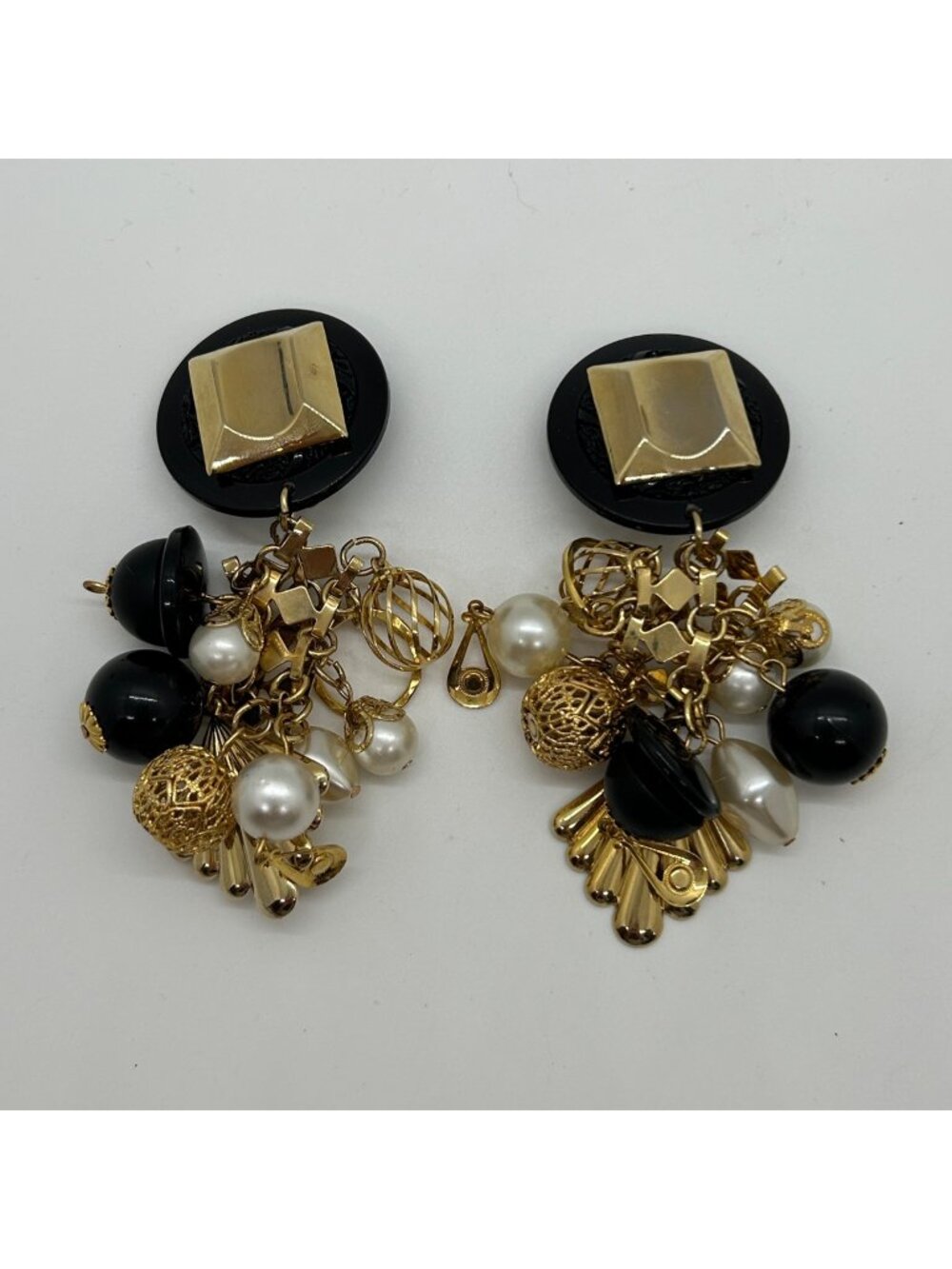 Vintage Dangle Earrings Gold Tone Black Faux Pearl Geometric Runway Chandelier